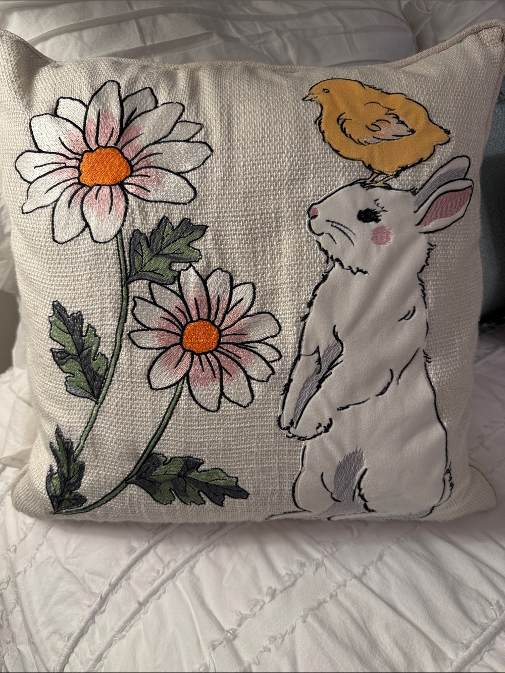 Cream Bunny & Chick Embroidered Accent Pillow with Pink Daisies